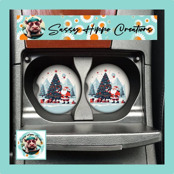 Car Coasters Retro Santa Claus Christmas Tree Holiday Set of 2 Neoprene Absorb - Picture 1 of 5